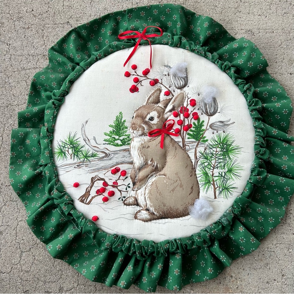 Vintage Christmas Rabbit Embroidery Hoop Art Bunny Winter Wall Art Cottagecore